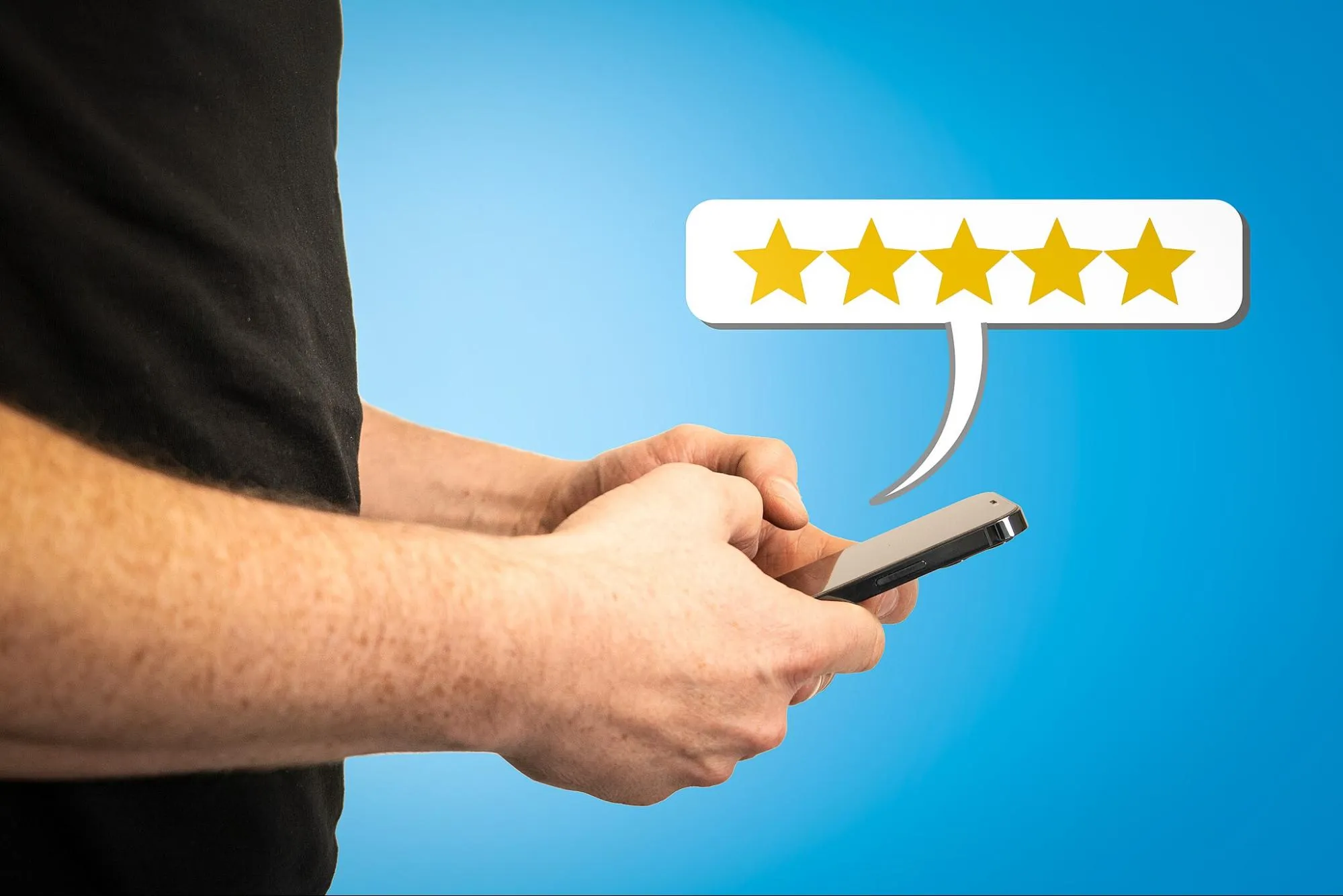 A graphic showing a customer leaving a review on their mobile phone. When you’re comparing two companies, like Jiffy Junk vs College Hunks, customer reviews are an important element to consider.