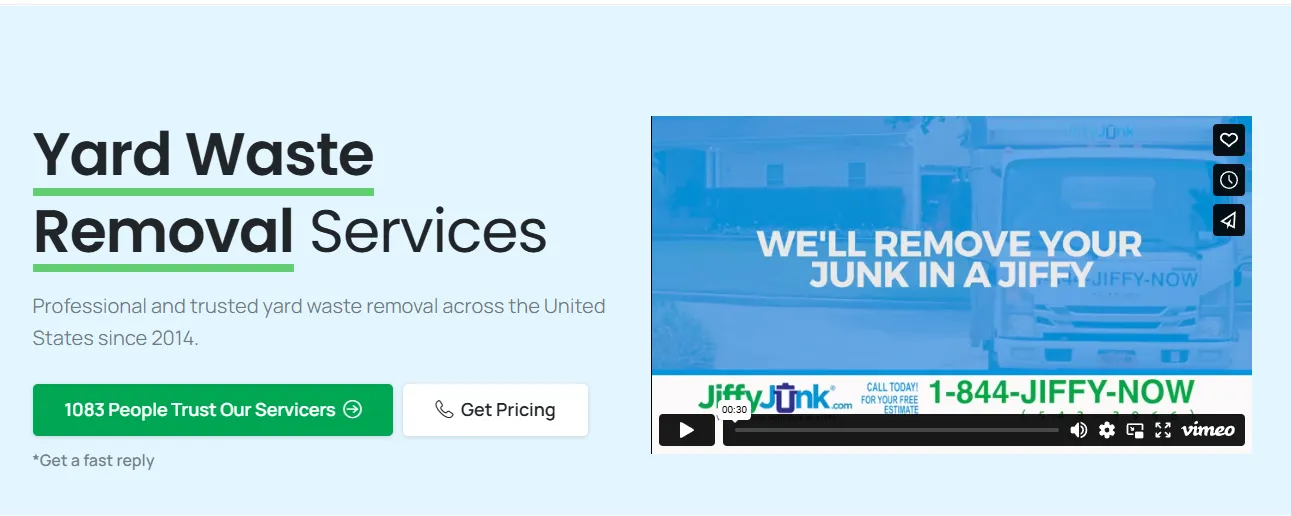 Screenshot of Jiffy Junk’s yard waste removal services.