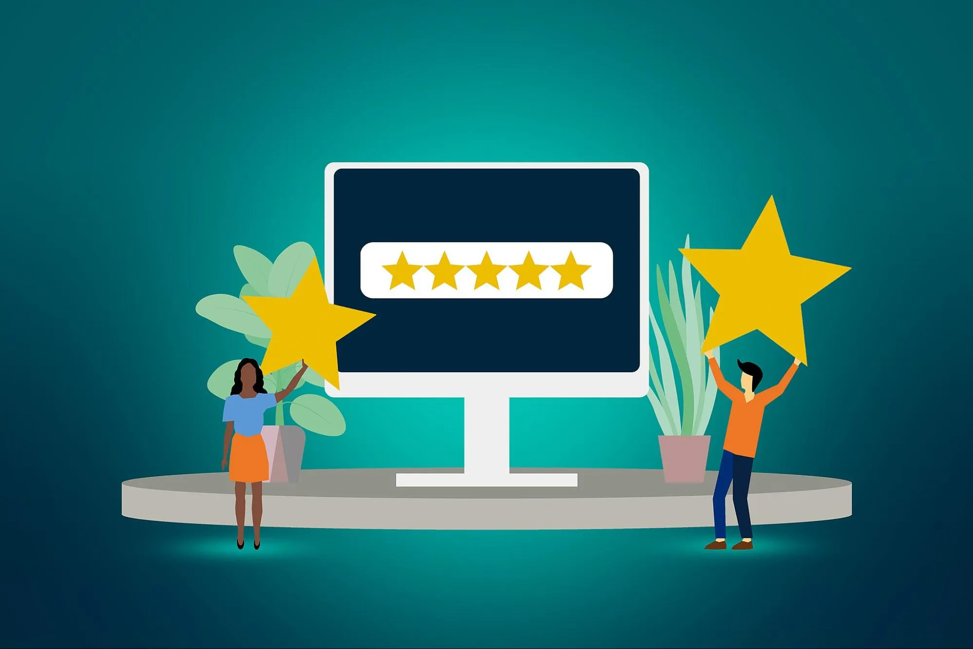 A cartoon image showing two miniature figures holding stars next to a computer monitor displaying a customer review star rating.