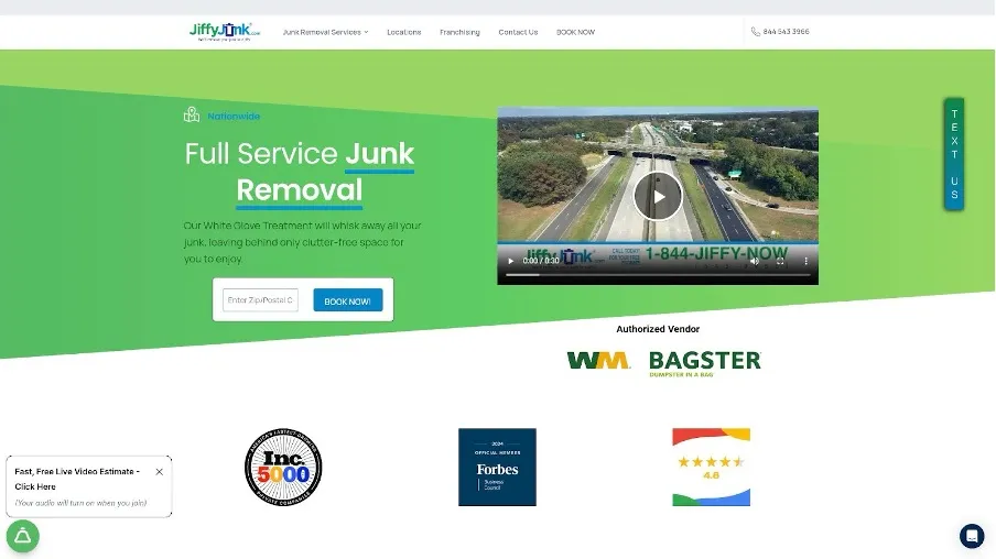 The homepage of Jiffy Junk, one of the nation’s top junk removal companies.