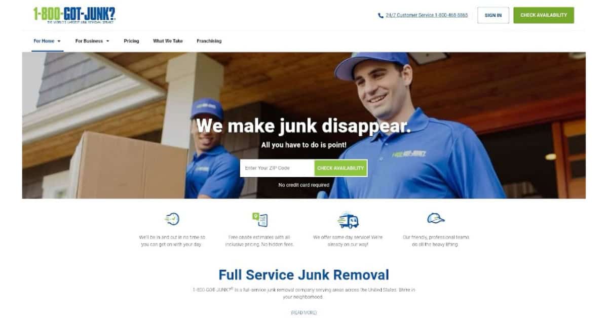 The home page of 1-800-GOT-JUNK?, another junk removal firm who offer a dumpster rental alternative.