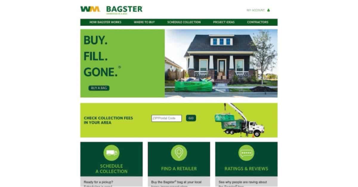 The home page of Bagster, a company offering dumpster rental alternatives.