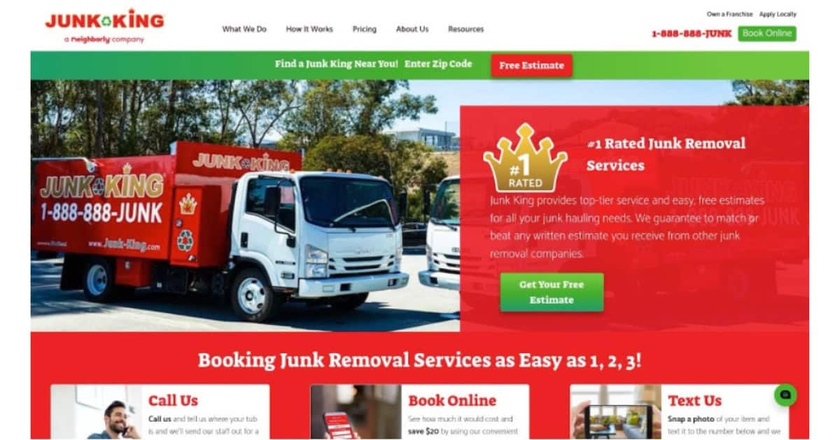 The home page of Junk King, an eco-friendly junk removal service (like us here at Jiffy Junk).