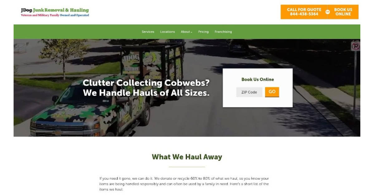 The home page of JDog Junk Removal & Hauling, a veteran-owned dumpster rental alternative.