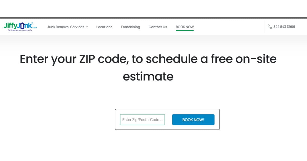 Screenshot of Jiffy Junk’s booking page for free on-site estimates.