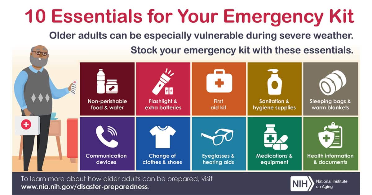 List that specifies the contents of an emergency kit for older adults during cold weather.