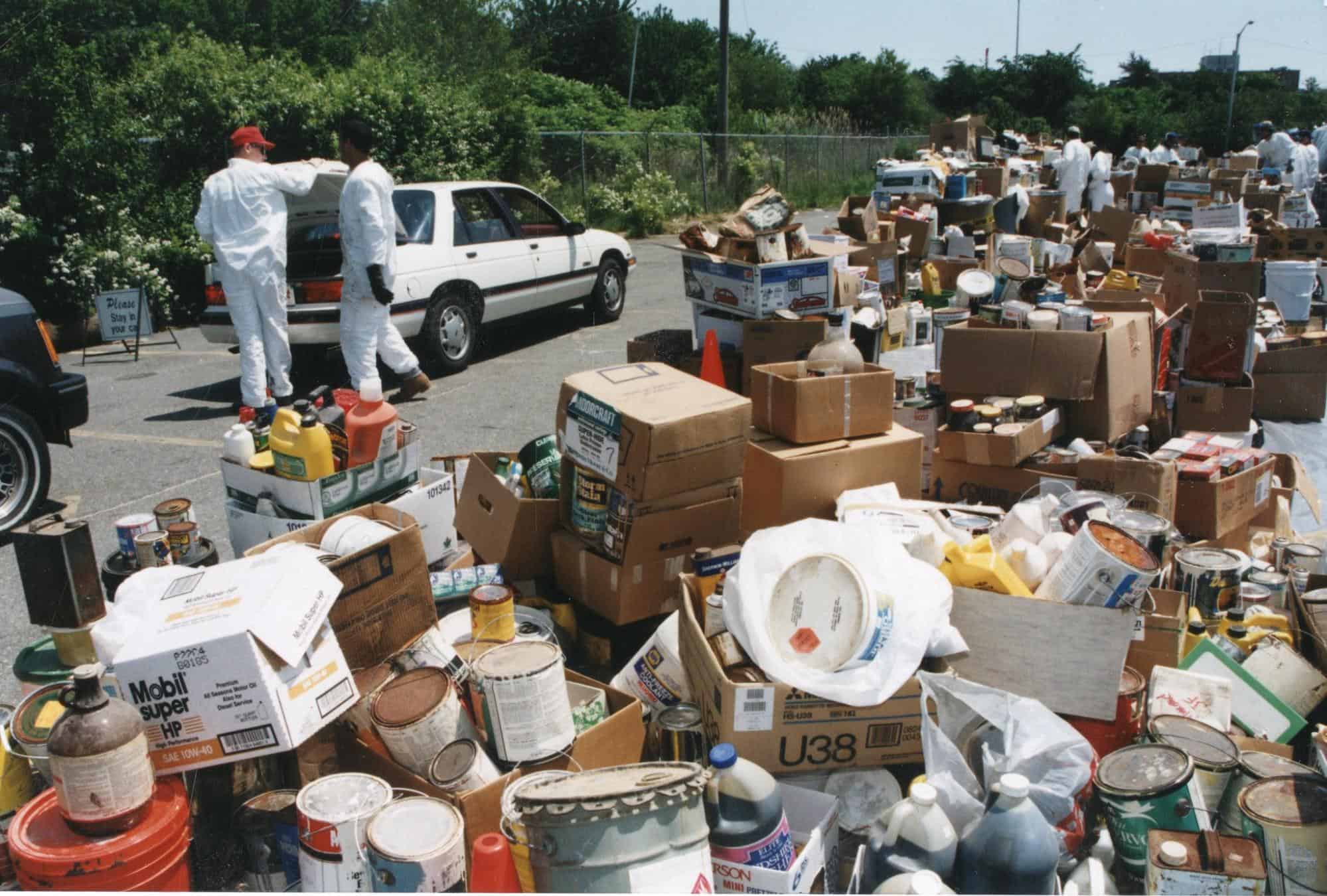 An assortment of hazardous waste items being collected for safe disposal.