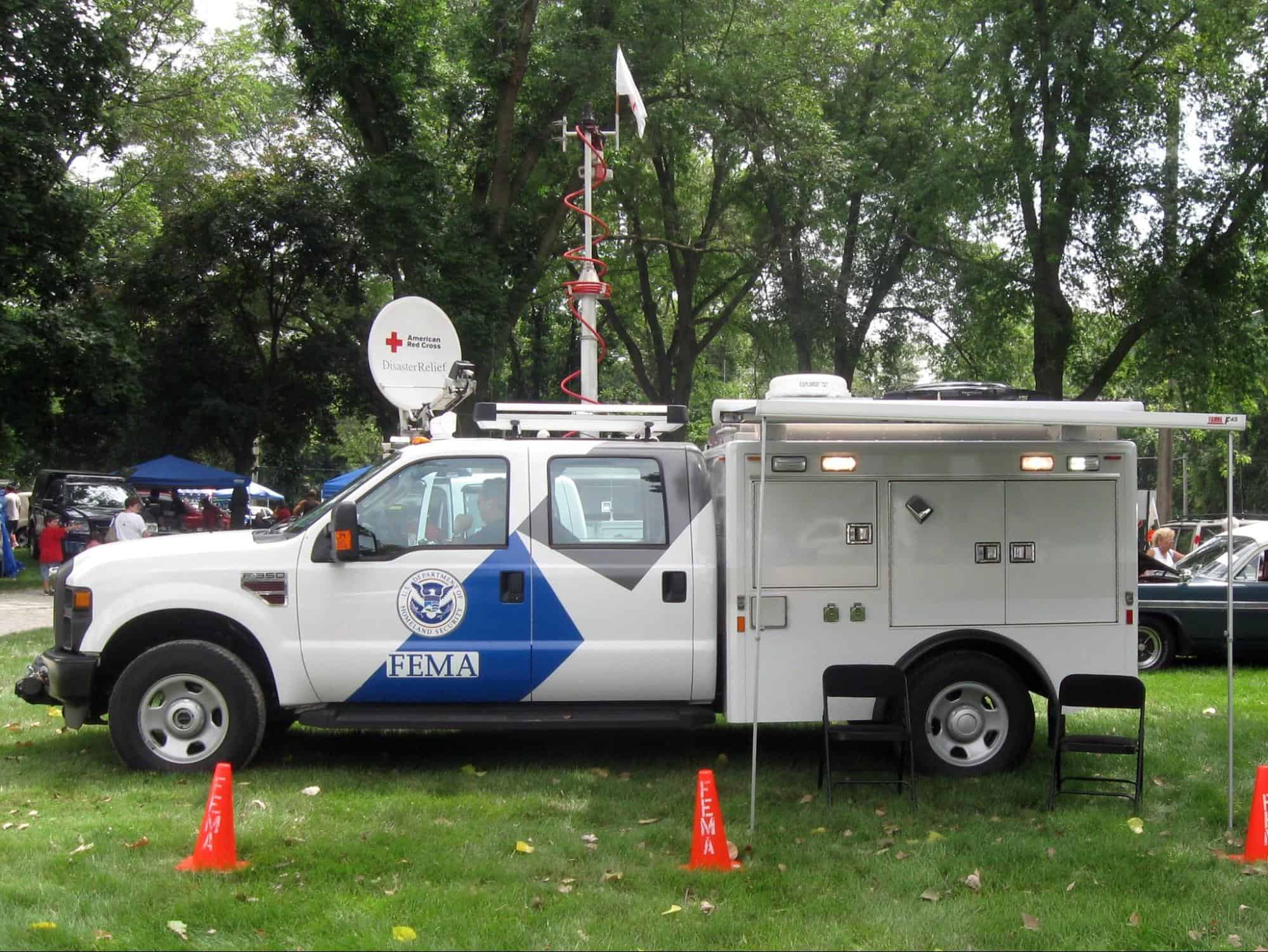 A FEMA van used as a mobile station for supporting locals during a hurricane recovery program.