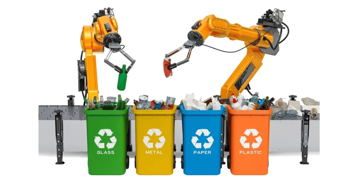 Robotic arms using AI tech to sort material bins into recycling bins for glass, metal, paper, and plastic.