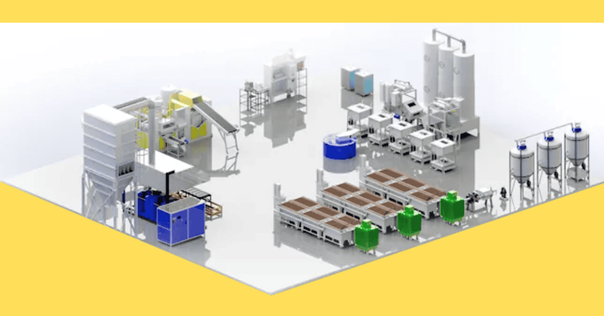 setup of machines and equipment in an e-recycling facility designed to recover valuable materials from electronics.
