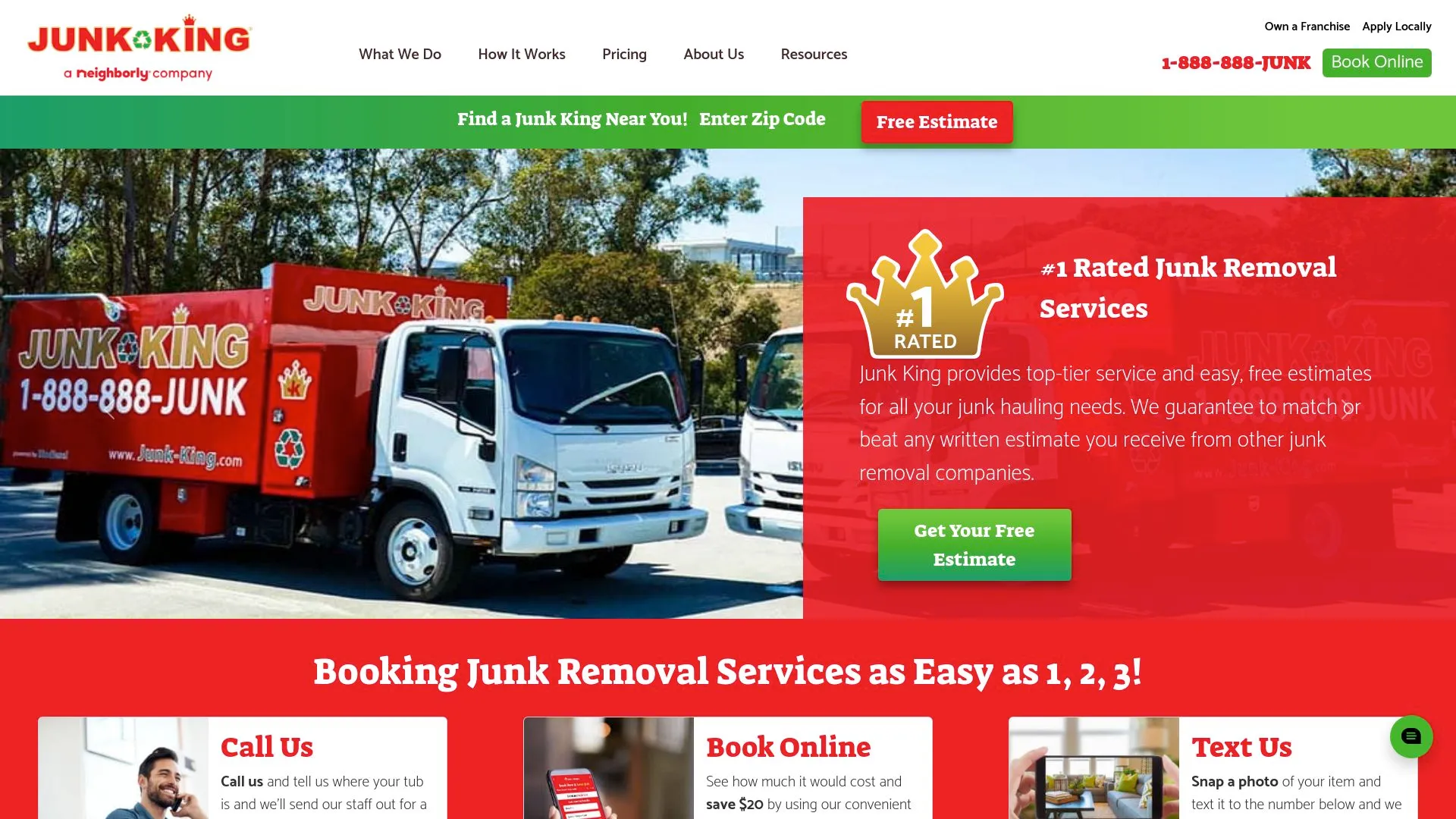 A screenshot of the homepage for Junk King.