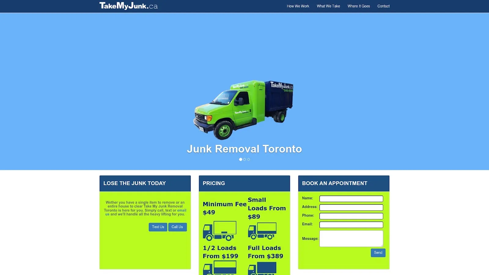 Snapshot of the homepage for Take My Junk.