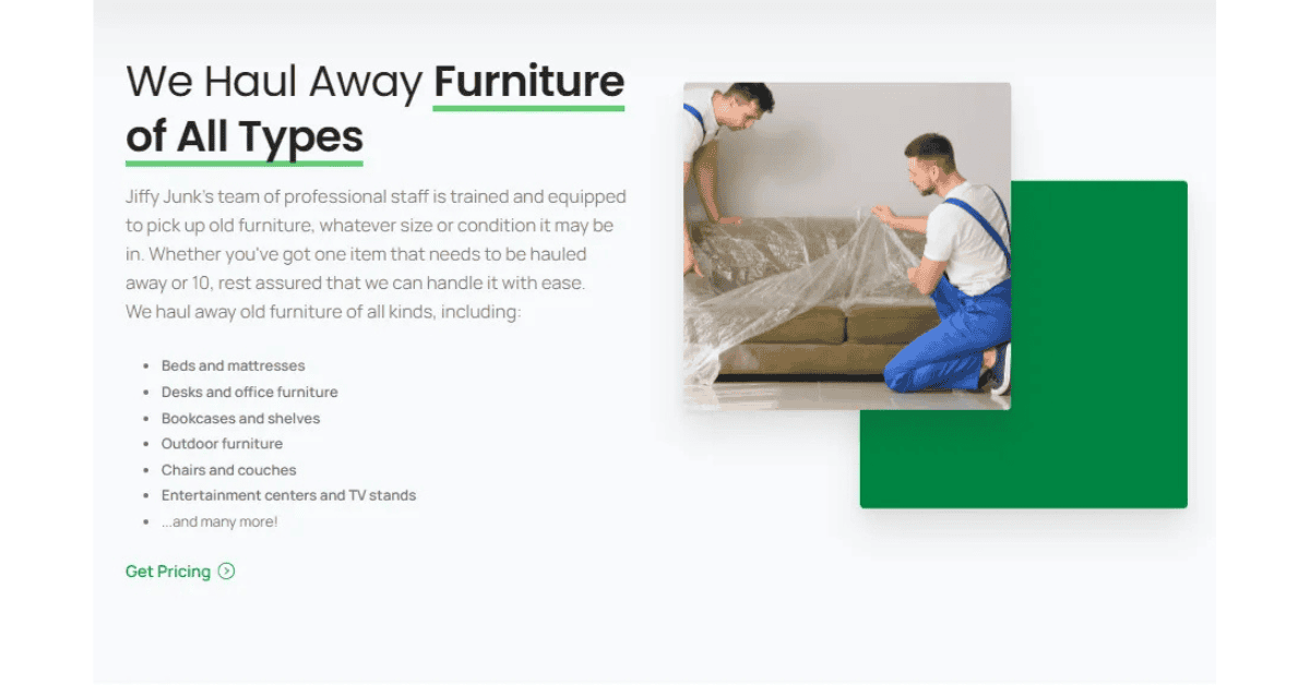  A screenshot of Jiffy Junk furniture removal service. 