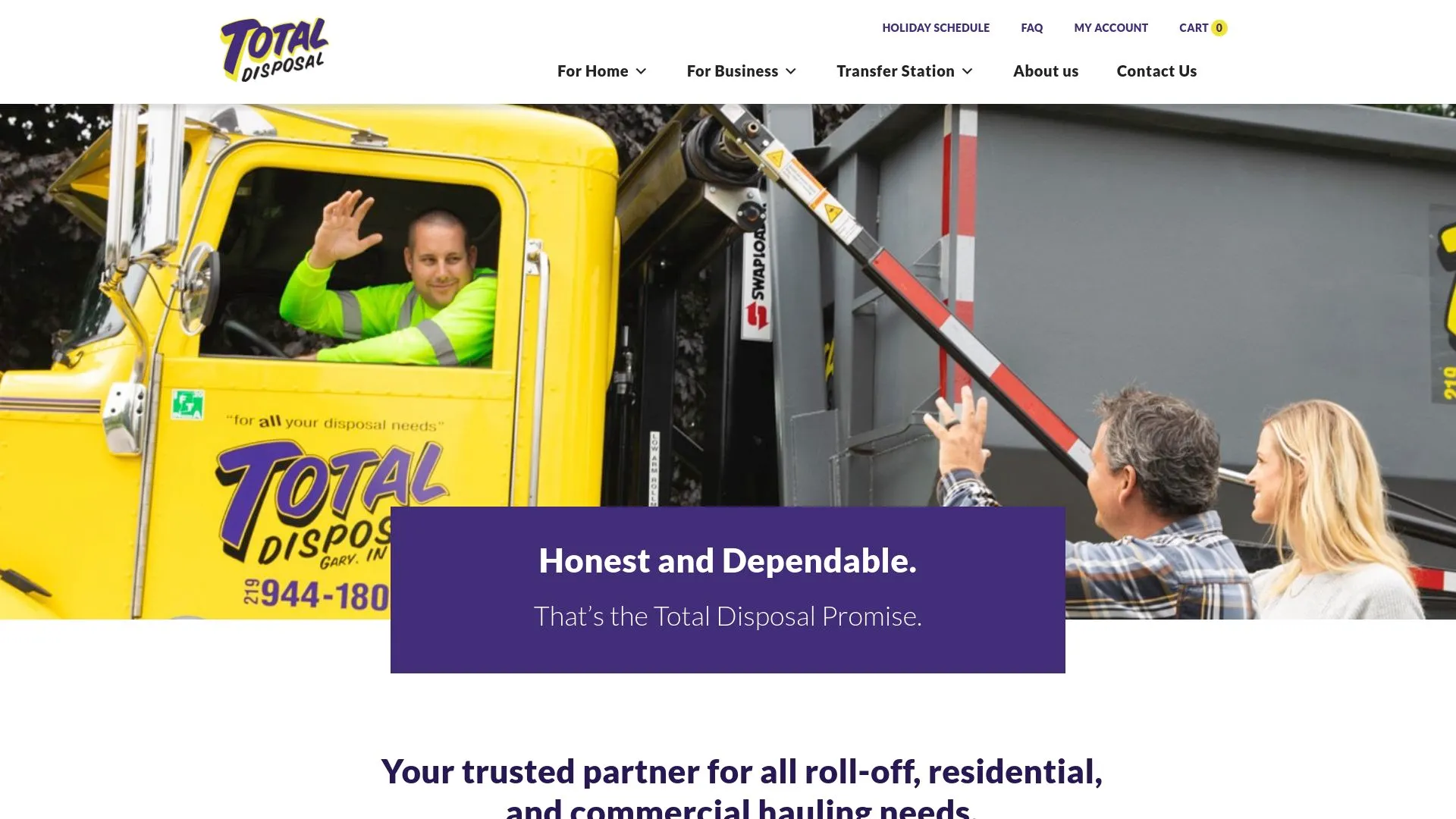 Total Disposal homepage showing its focus on honesty and reliability.