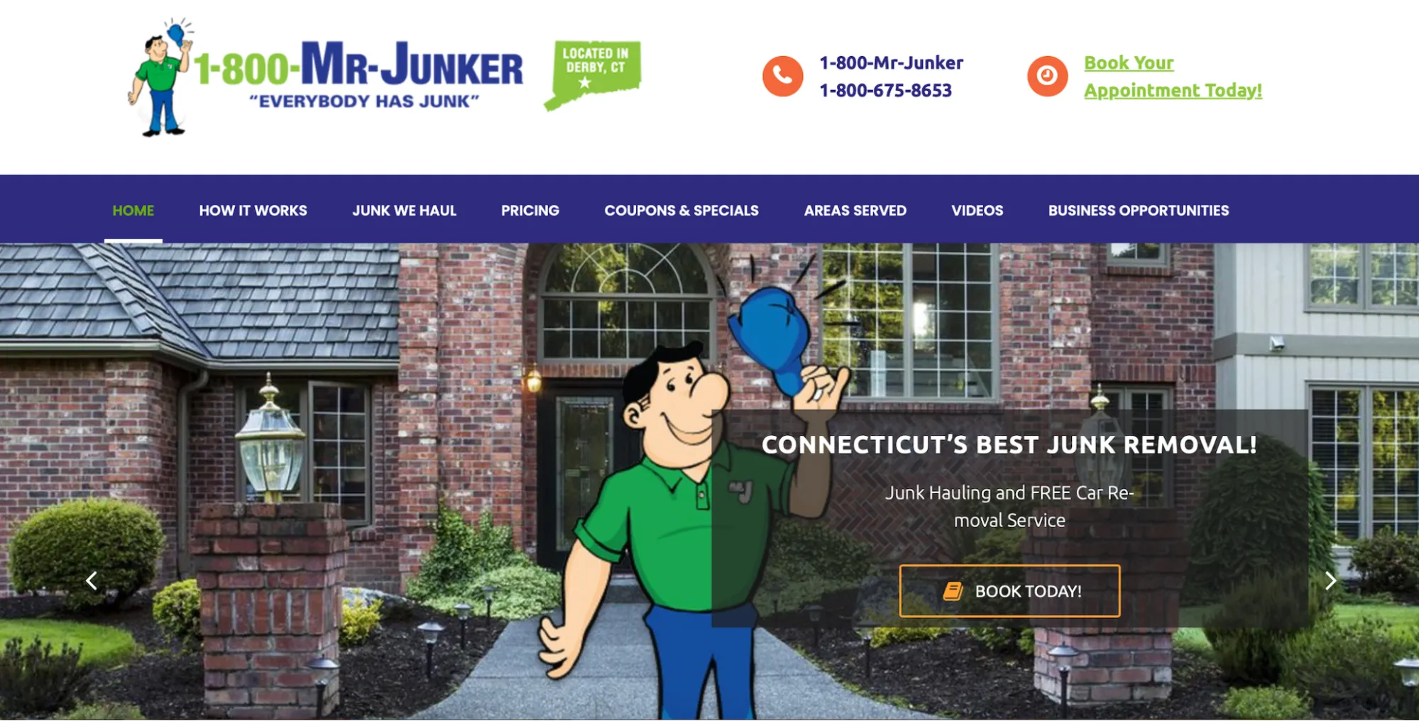 Junker homepage showing its junk hauling and free car removal service.