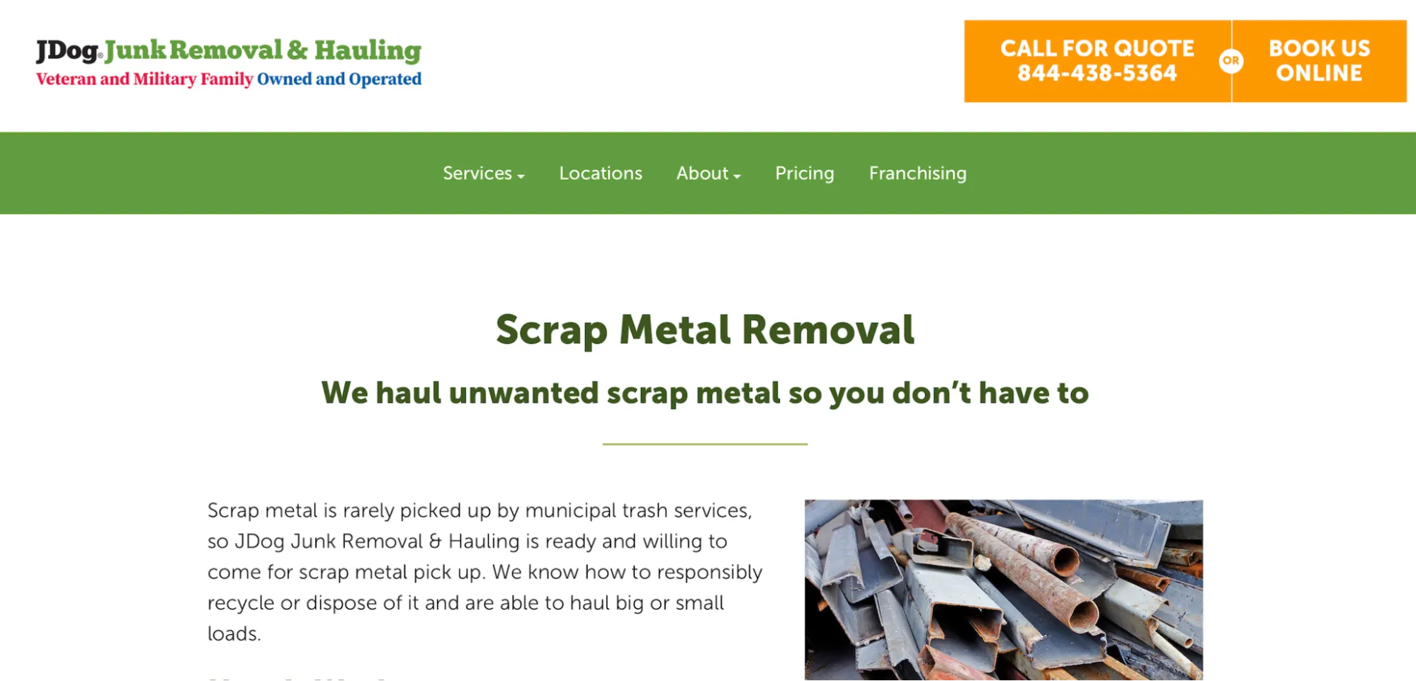 JDog Junk Removal website showing its scrap metal pickup service.