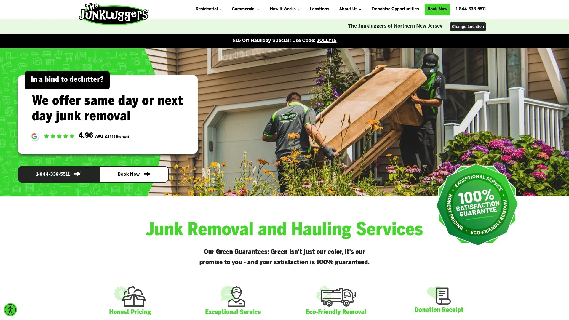 The Junkluggers homepage showing its focus on eco-friendly junk removal.