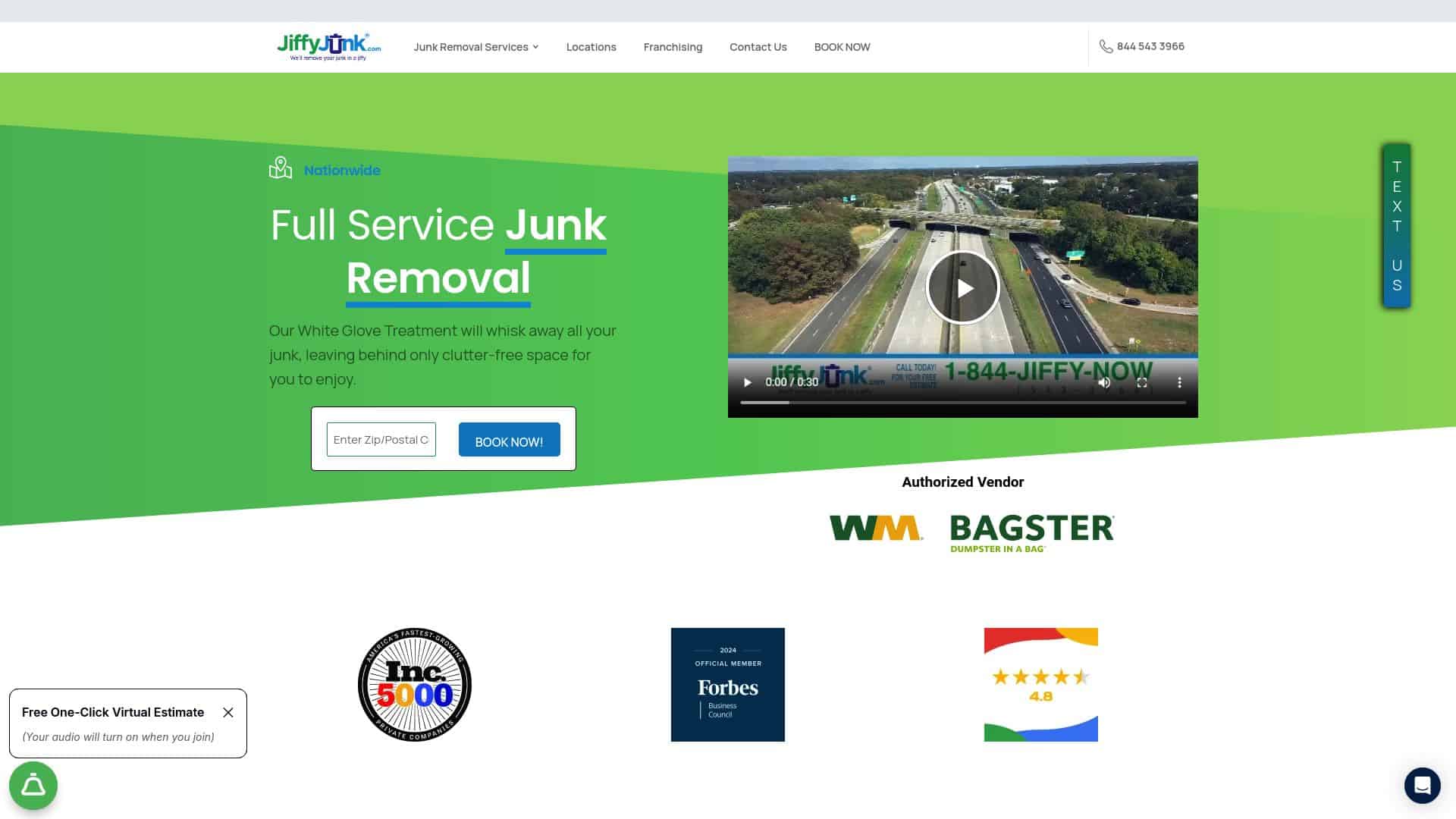 Jiffy Junk homepage showing commitment to full service junk removal.