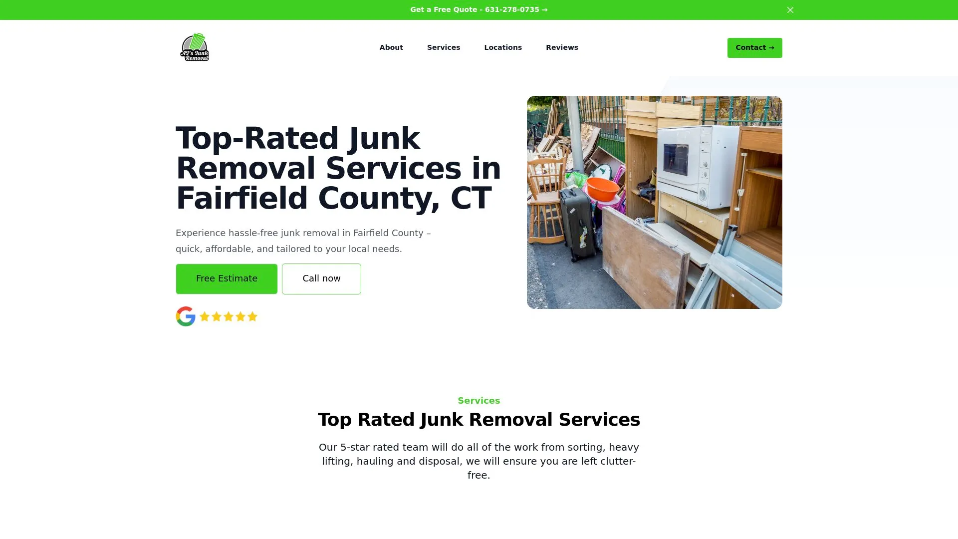 AJ’s Junk Removal homepage showing its personalized services. 