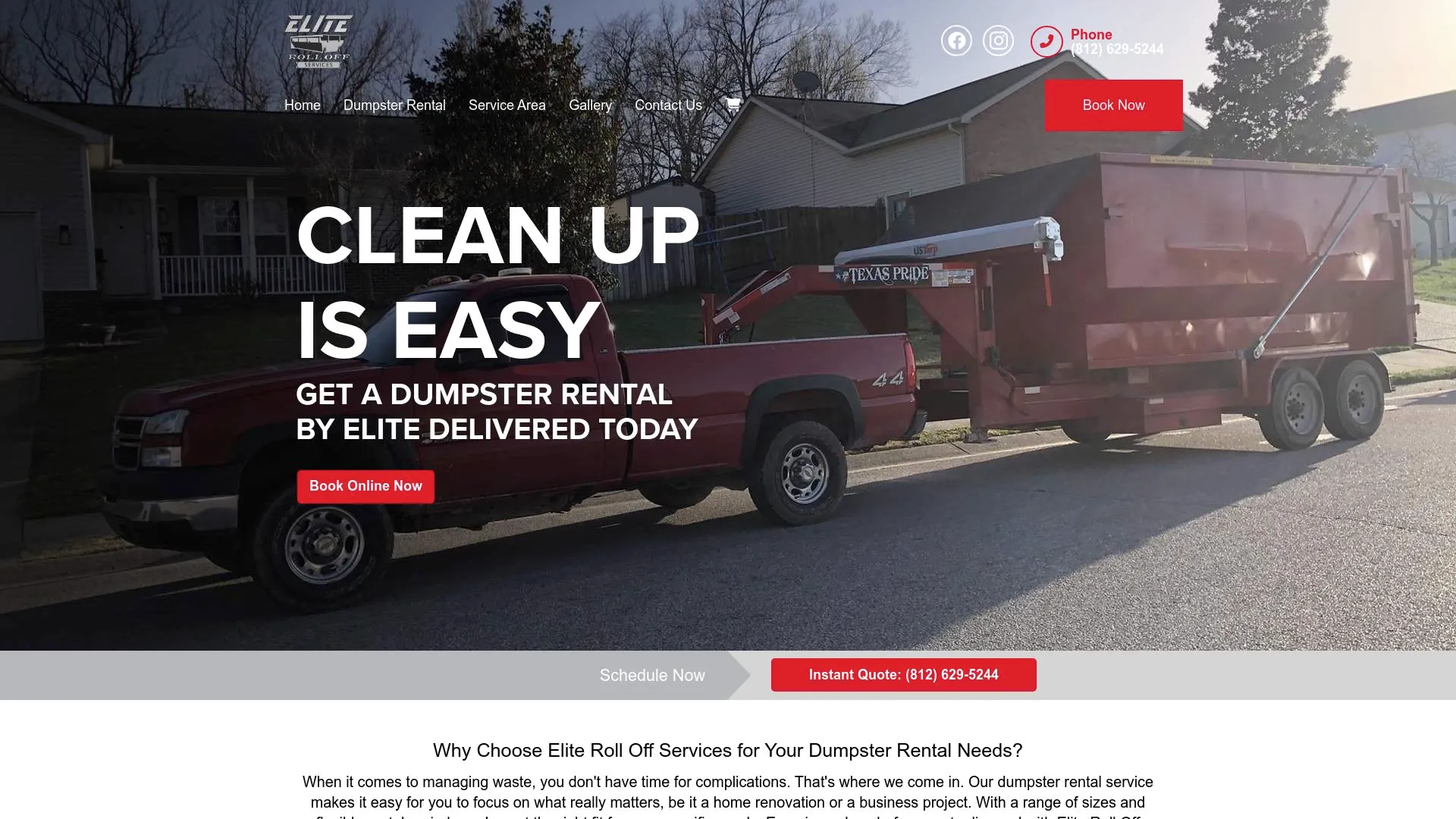 Elite Roll-Off Services homepage showing its dumpster rental focus. 