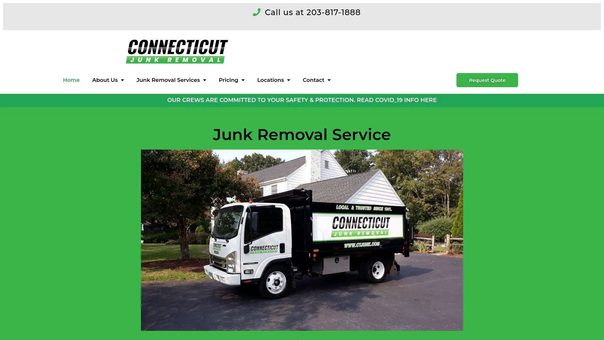 Connecticut Junk Removal LLC homepage showing its fleet. 