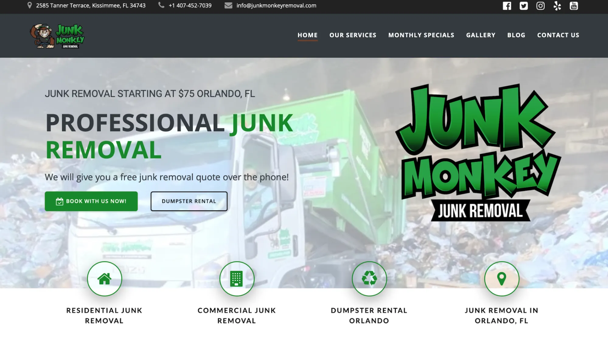 Junk Monkey homepage showing its Orlando-specific services. 