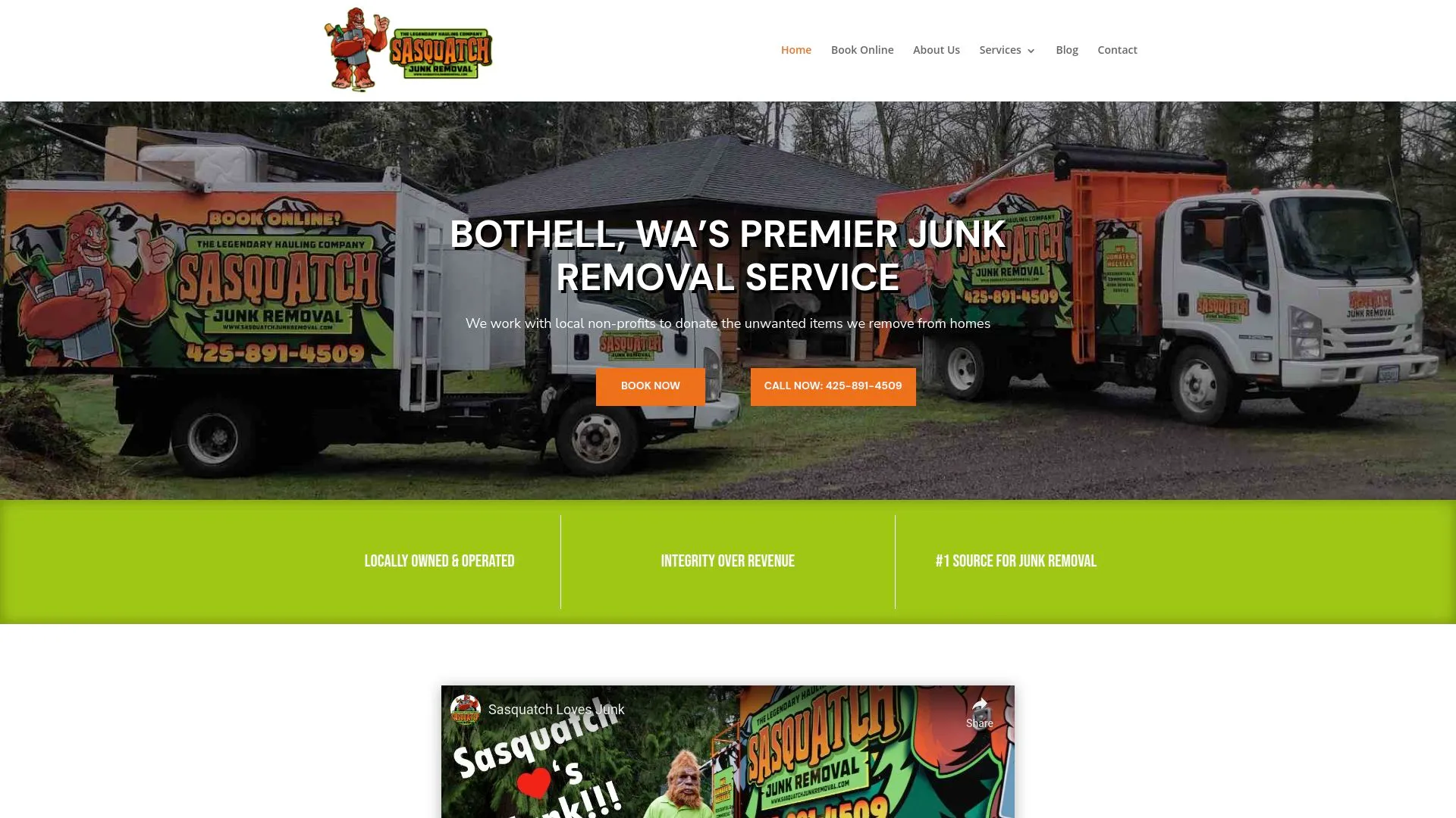 Sasquatch Junk Removal homepage showing its fleet of trucks. 