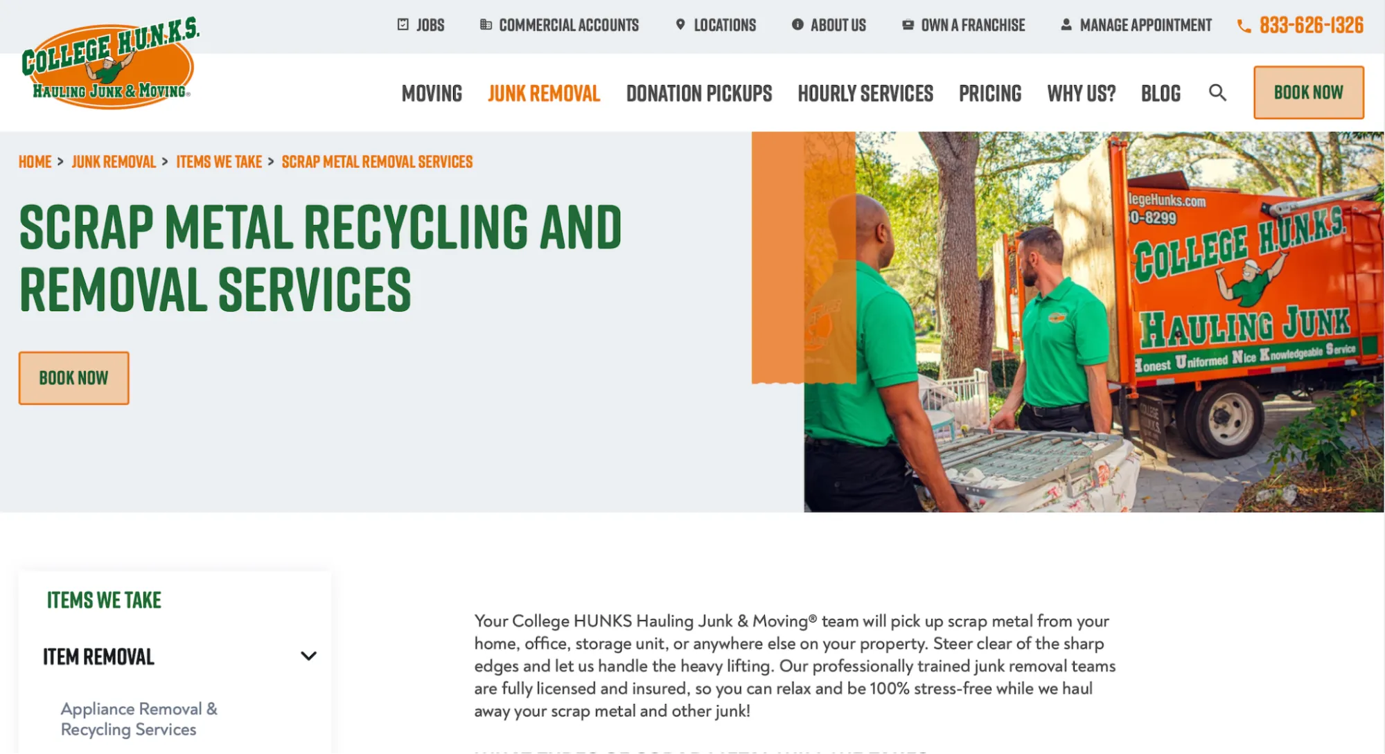 College Hunks Hauling Junk & Moving homepage showing its metal junk removal team in action. 