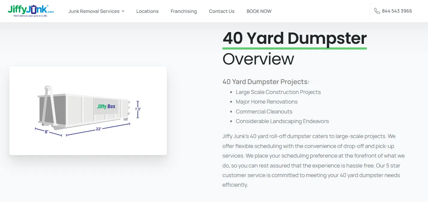 Screenshot of Jiffy Junk dumpster rental service. 