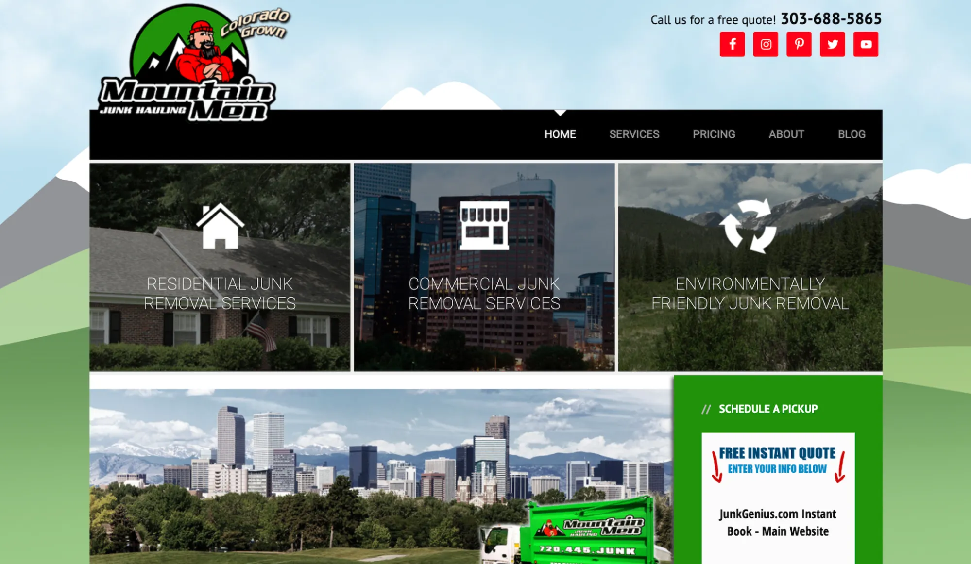 Mountain Men Junk homepage showing its junk removal services. 