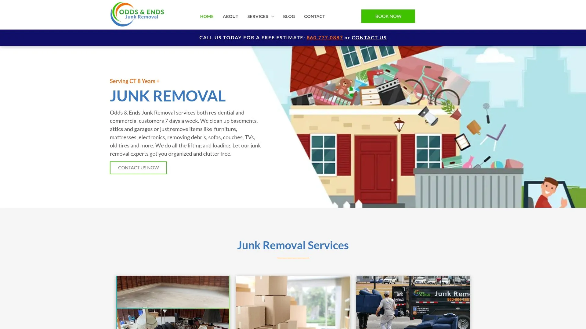 Odds & Ends Junk Removal homepage showing its range of services. 