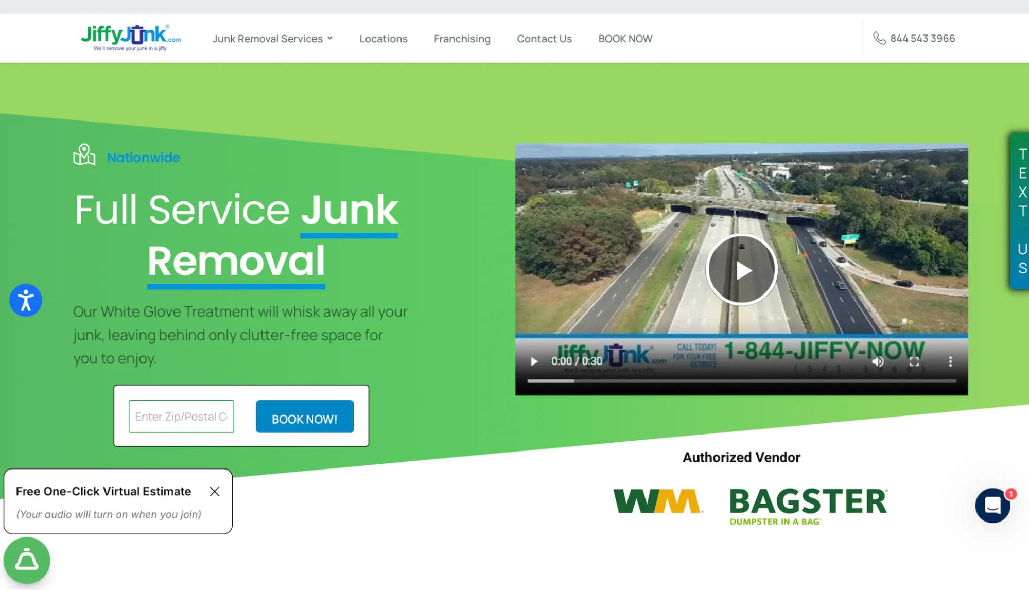 Jiffy Junk homepage showing its free one-click virtual estimate service. 