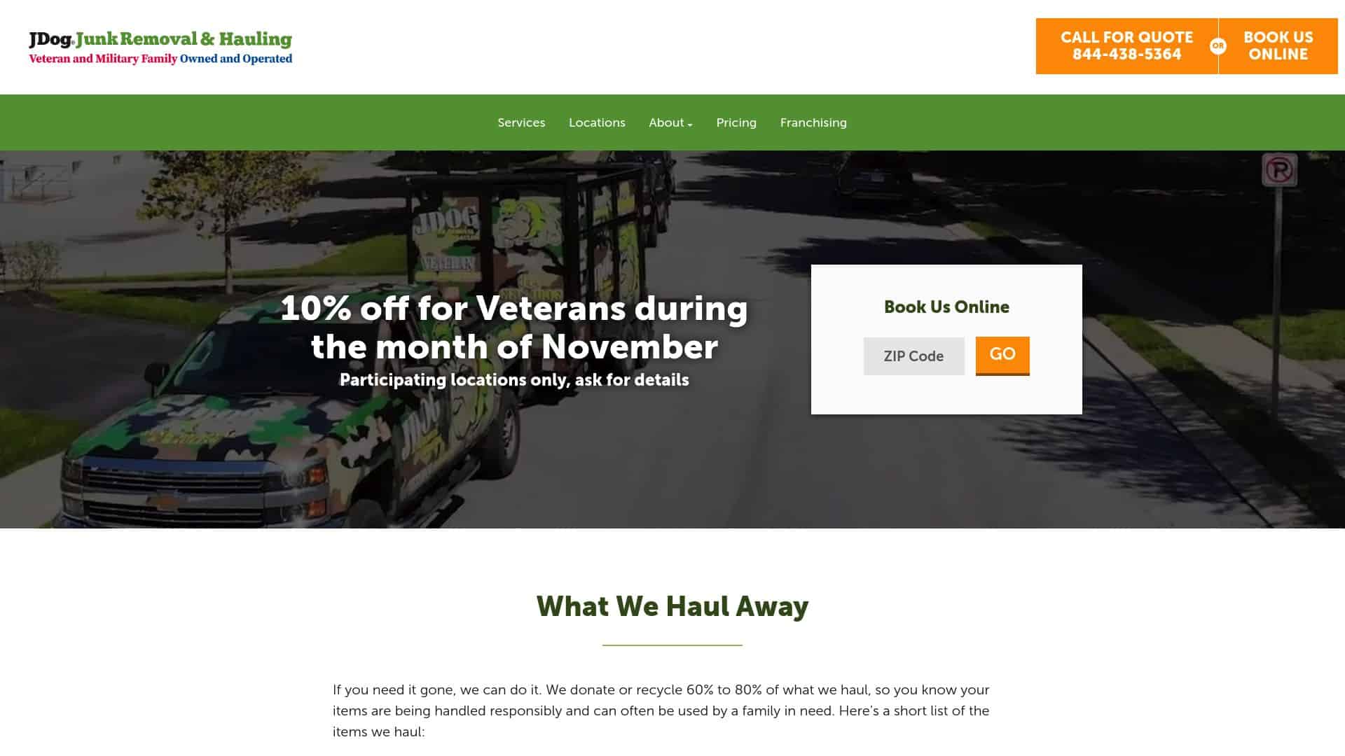 JDog Junk Removal & Hauling homepage showing its focus on helping veterans.