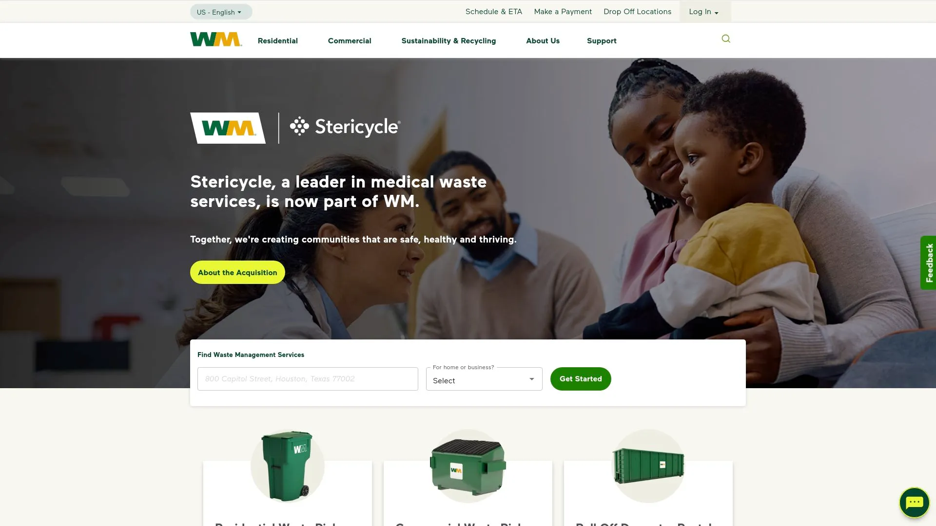 Waste Management homepage showing its specialized junk removal services in Texas.