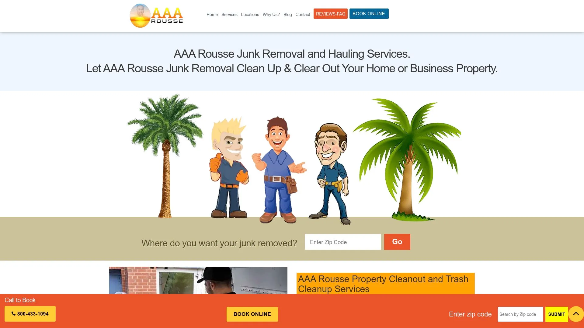 AAA Rousse Junk Removal homepage showing phone or online booking services. 