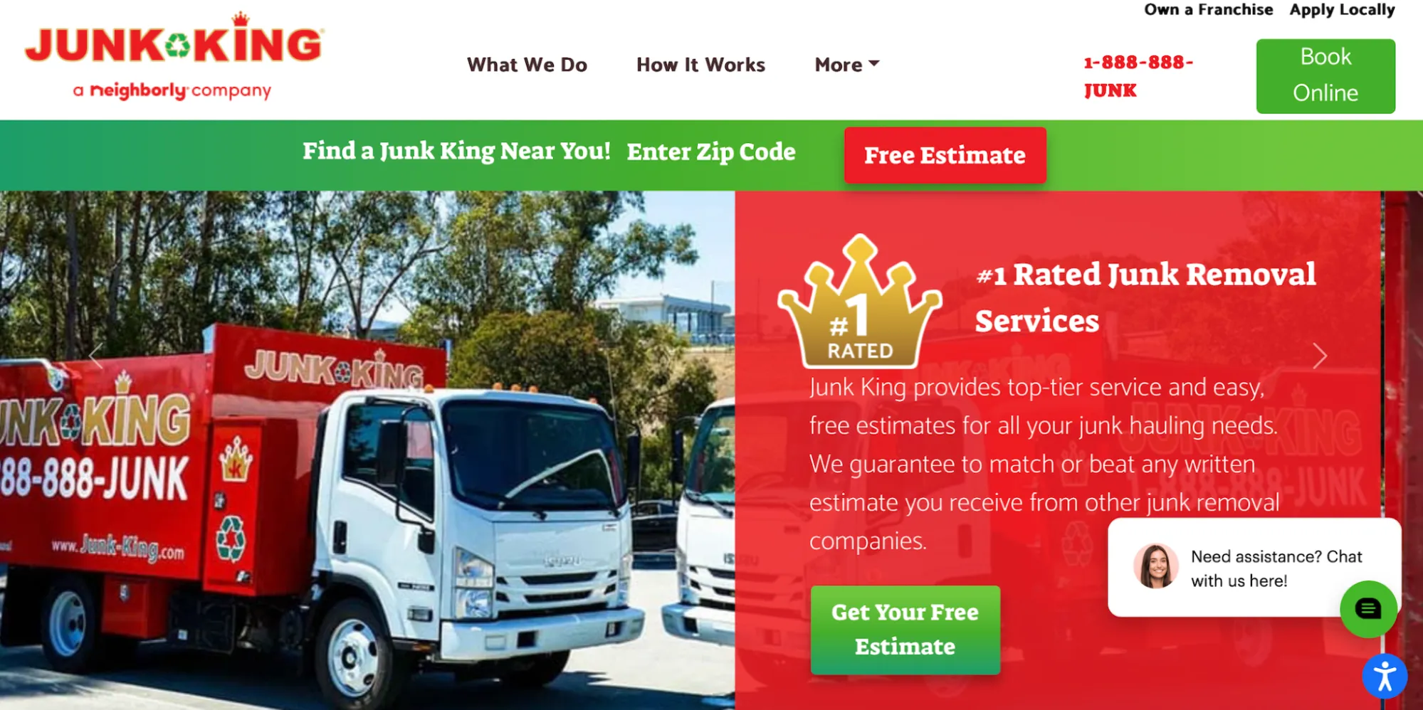 Junk King homepage showing its range of services.