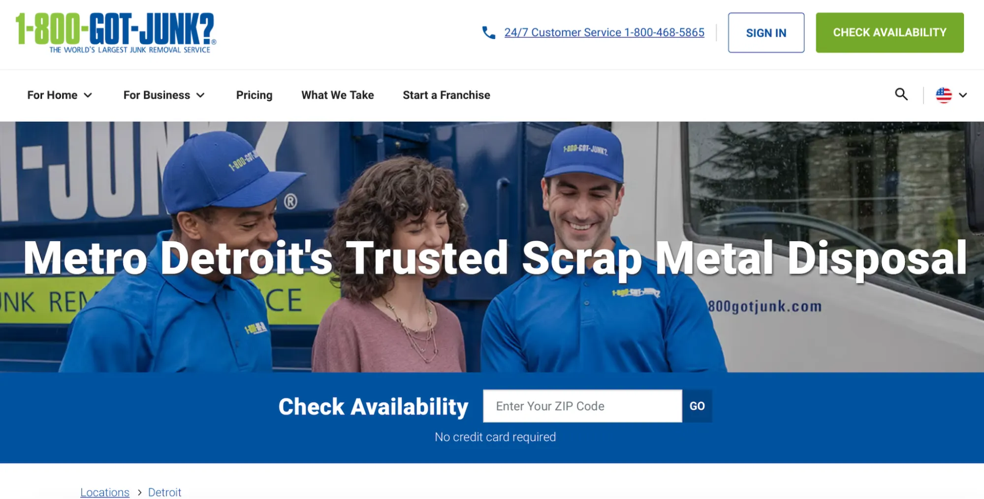 1-800-GOT-JUNK homepage showing its metal junk removal services and availability checker.