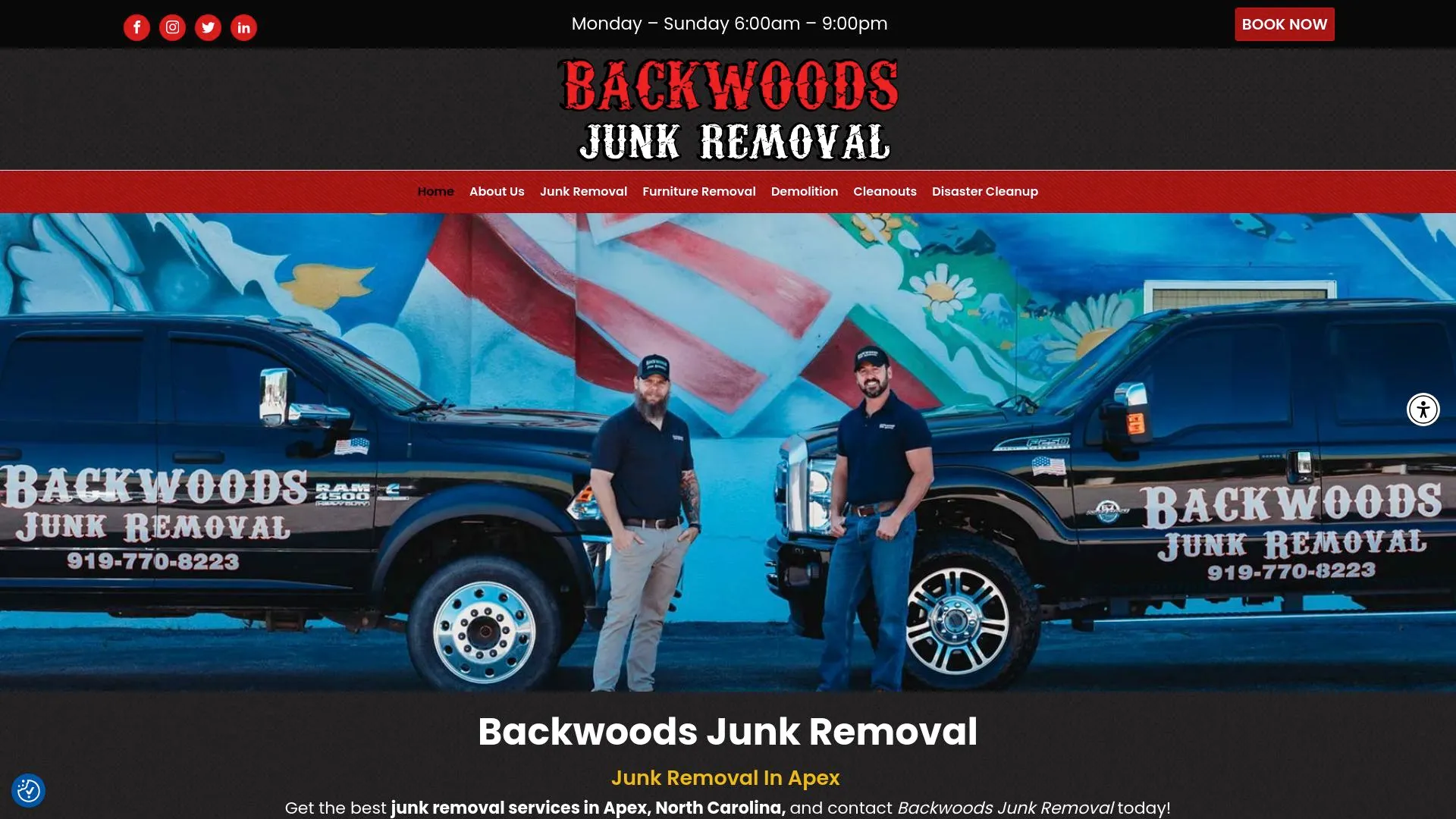 Backwoods Junk Removal homepage showing its service range.