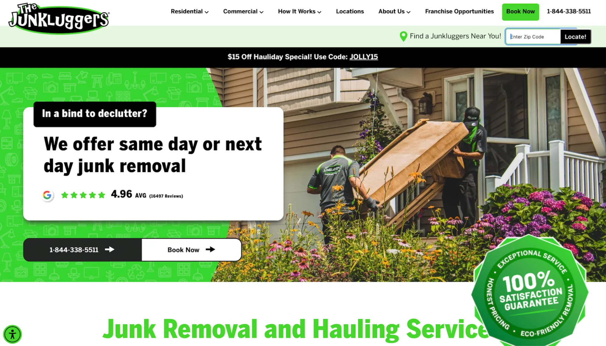 Junkluggers homepage showing its same-day junk removal services.