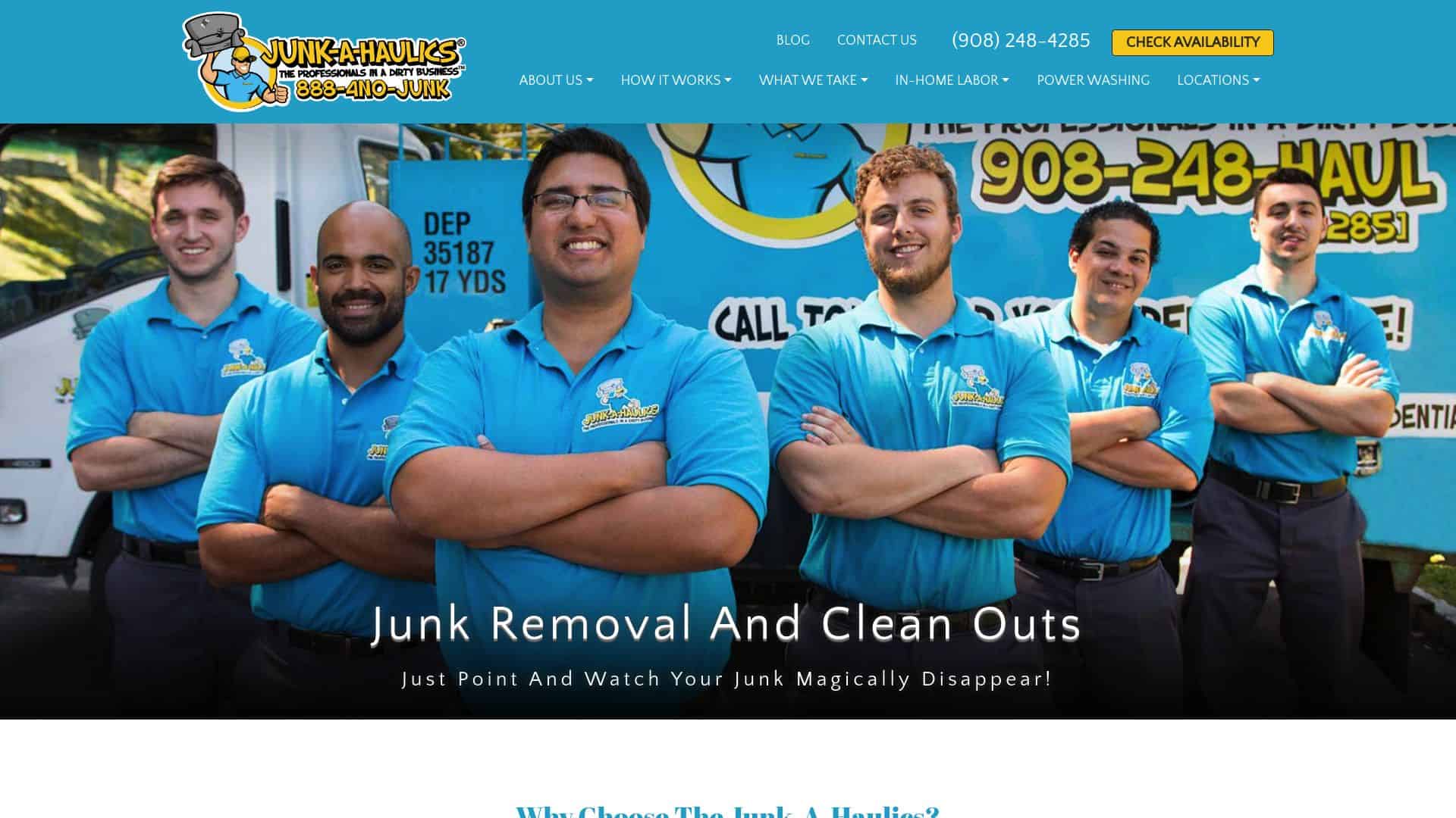 Junk-A-Haulics homepage showing its junk removal and clean out services.