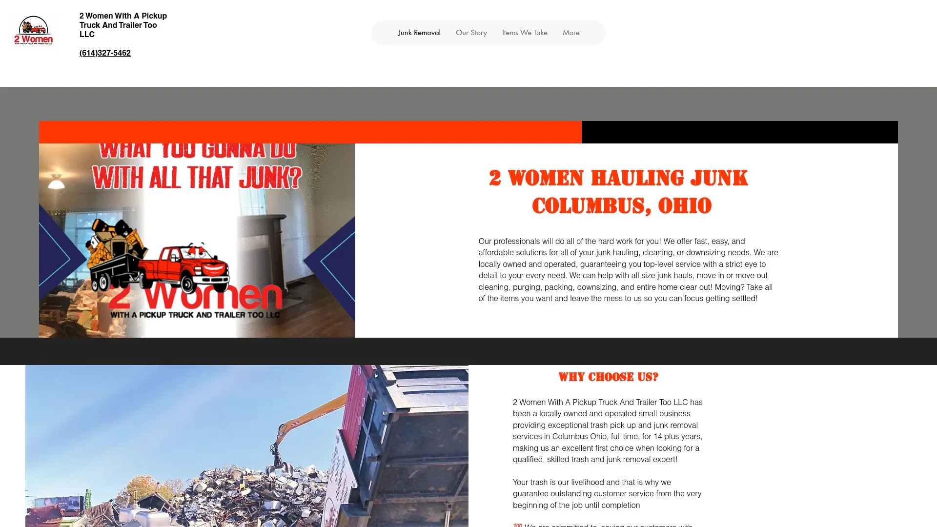 2 Women With a Pickup Truck and Trailer homepage showing its junk removal credentials.