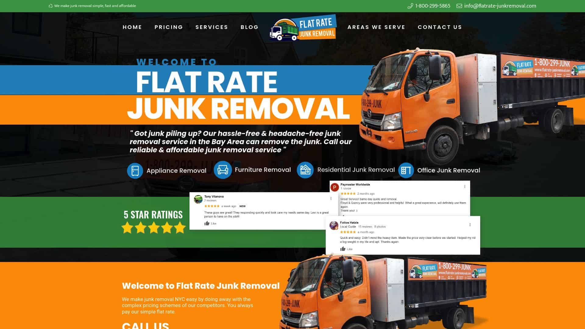 Flat Rate Junk Removal homepage showing its customer reviews.