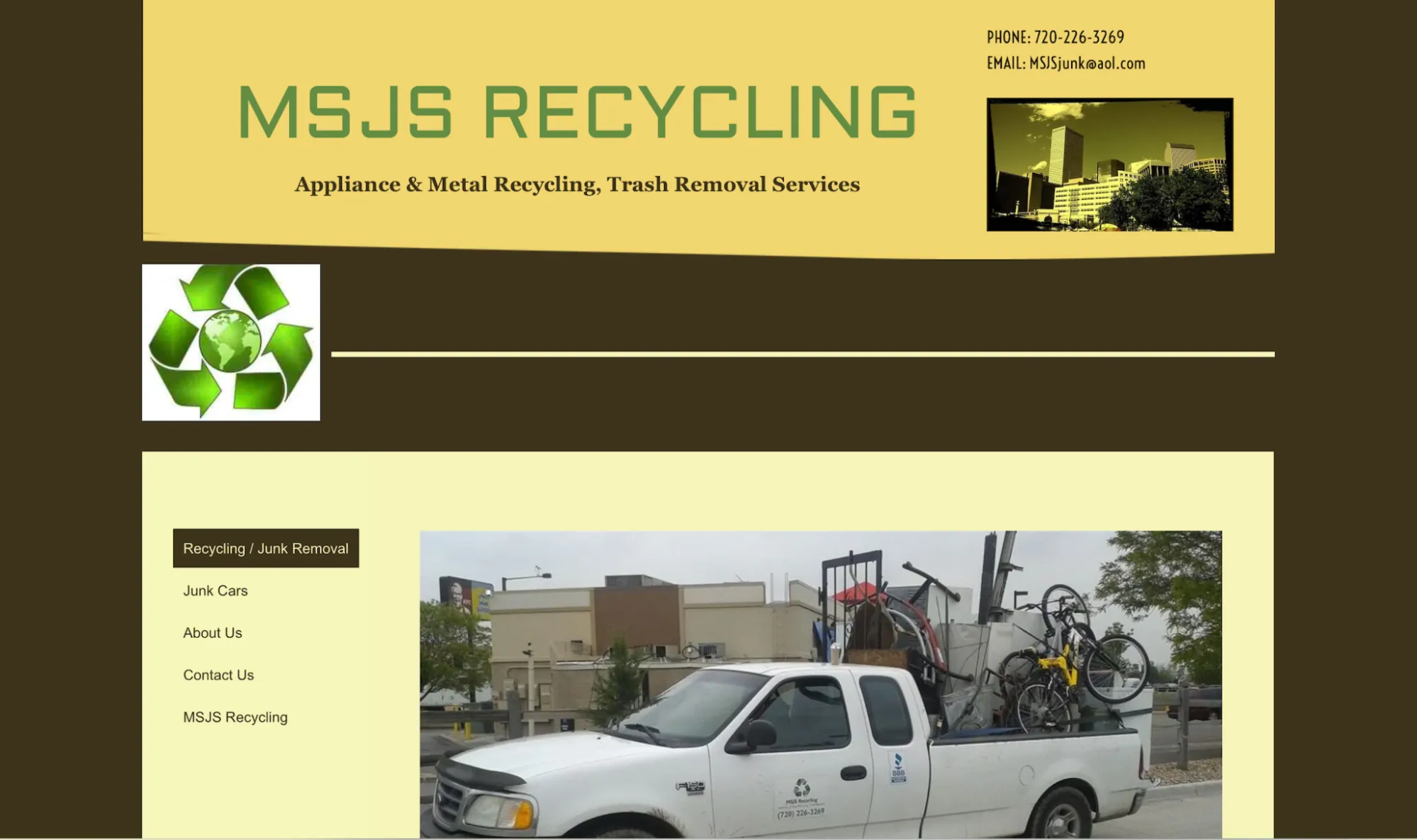 MSJS Recycling homepage showing its appliance and metal recycling services. 