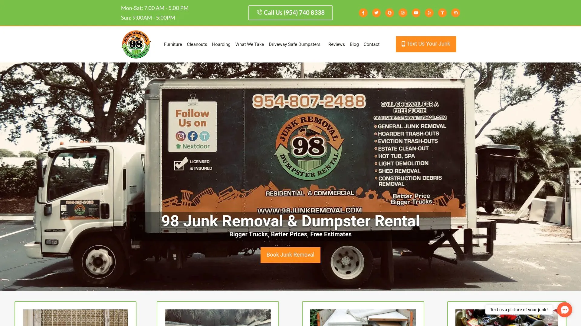 98 Junk Removal homepage showing one of its trucks. 