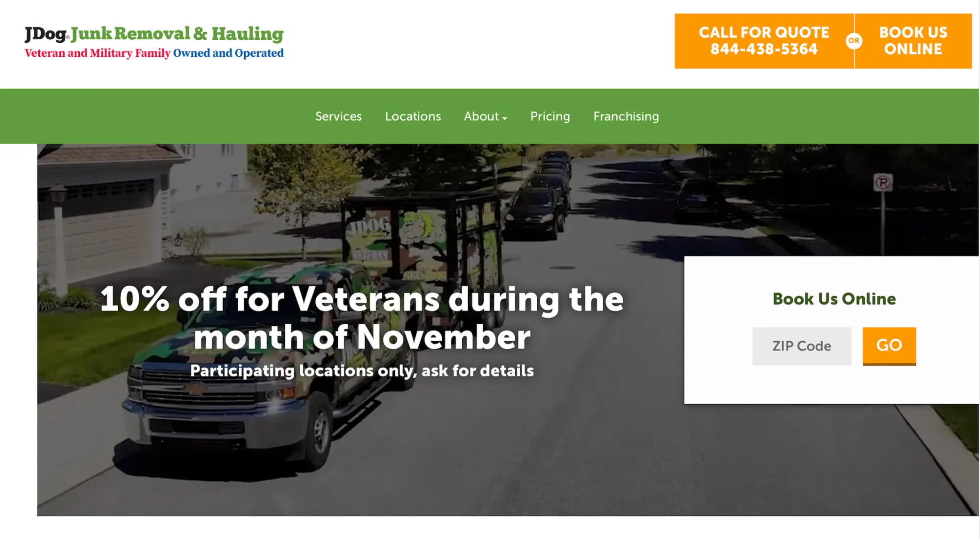 JDog Junk Removal & Hauling homepage showing its commitment to helping veterans. 