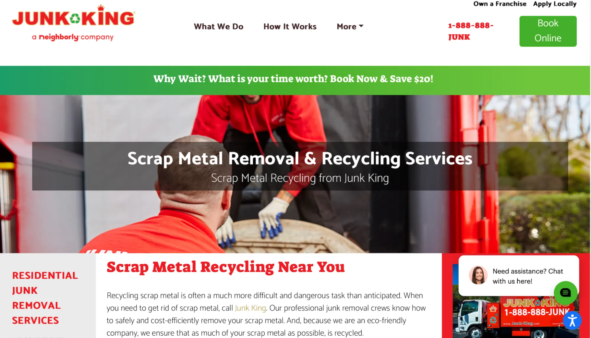 Junk King homepage showing its scrap metal removal and recycling services. 