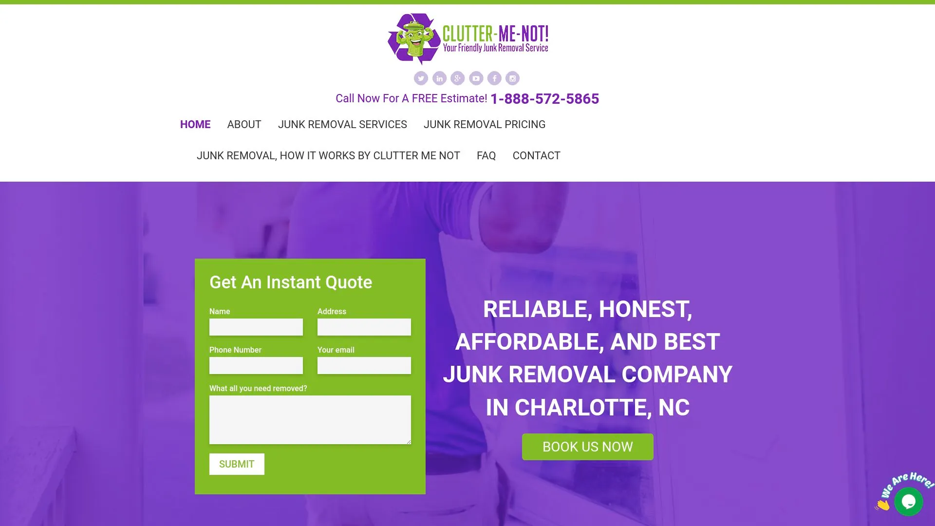 Clutter Me Not Junk Removal homepage showing how to get an instant quote.