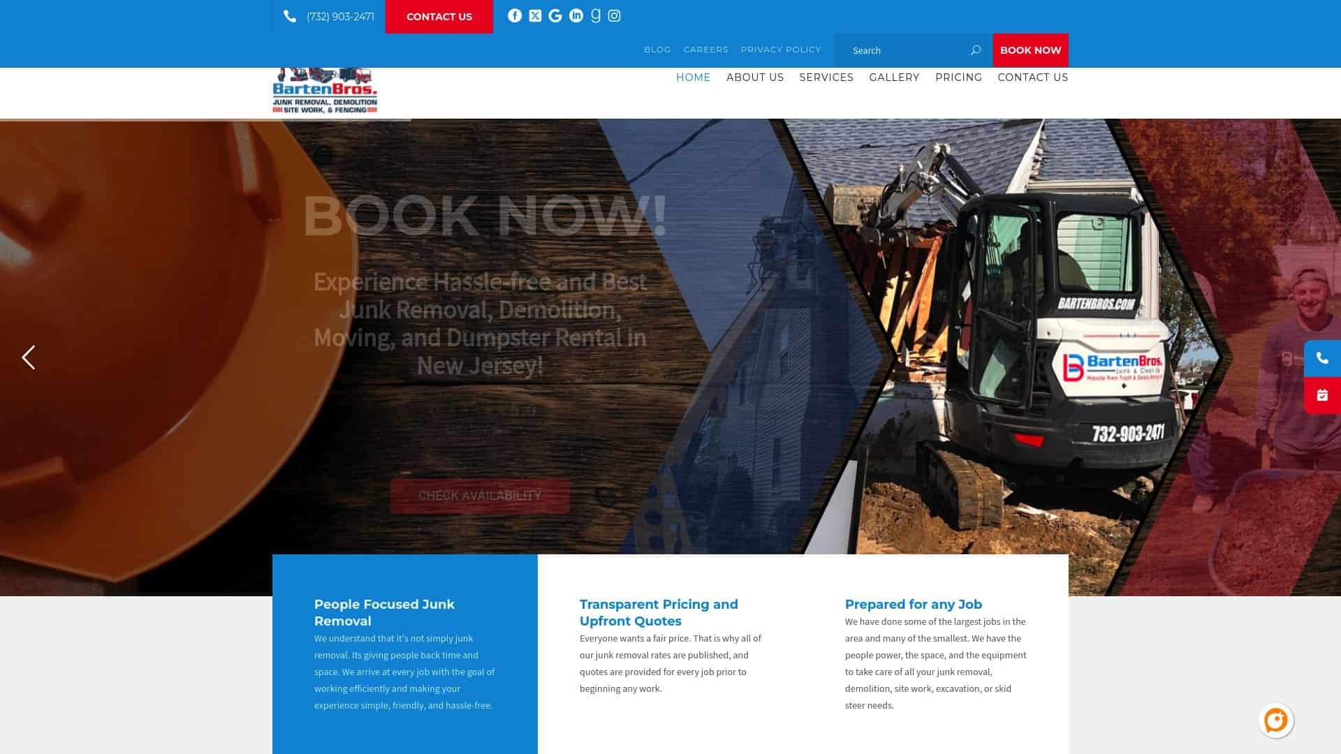 Barten Bros homepage encouraging New Jersey customers to book. 