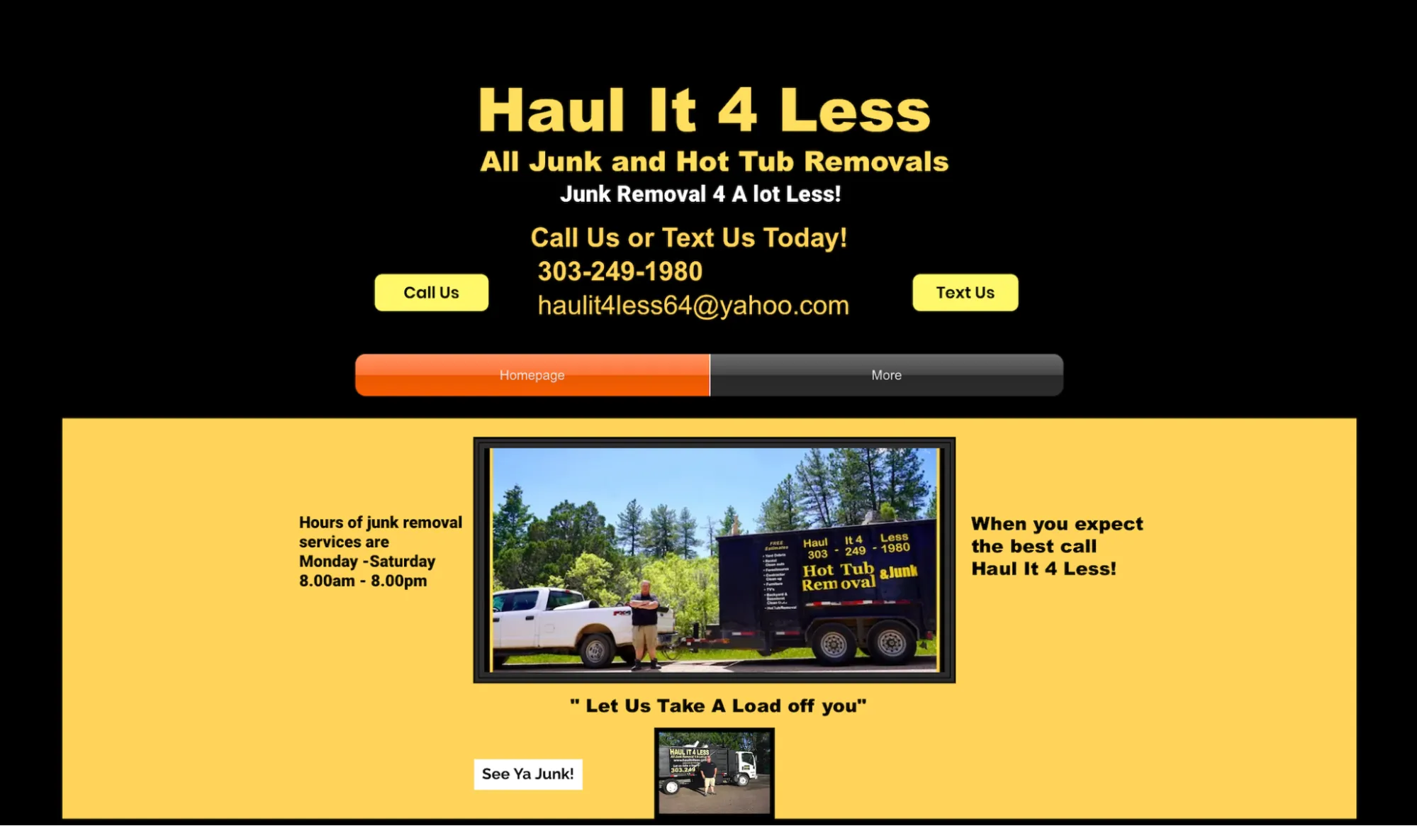 Haul It 4 Less homepage showing its extended working hours for junk removal.  