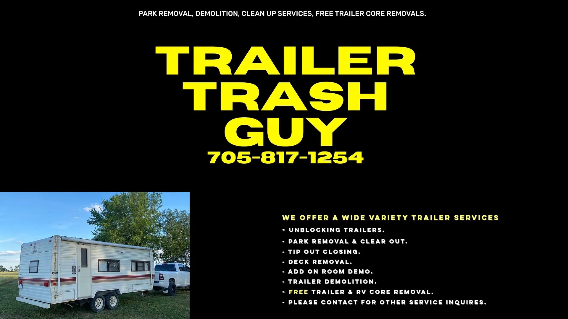 Trailer Trash Removal homepage showing its range of trailer services. 